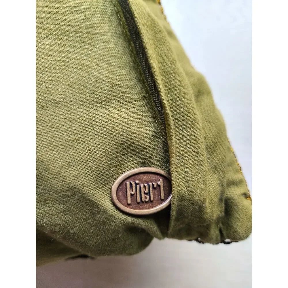 Pier 1 Beaded Embroidered Throw Pillow 16x12 Green Floral Accent Decor